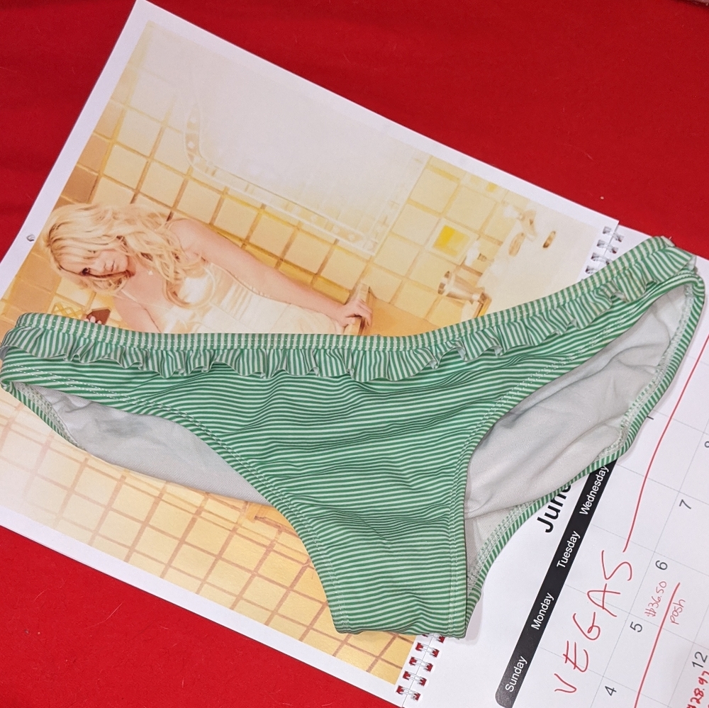Y2K Xhilaration Green & White Stripe Ruffle Trim Bikini Swim Bathing Suit Bottom